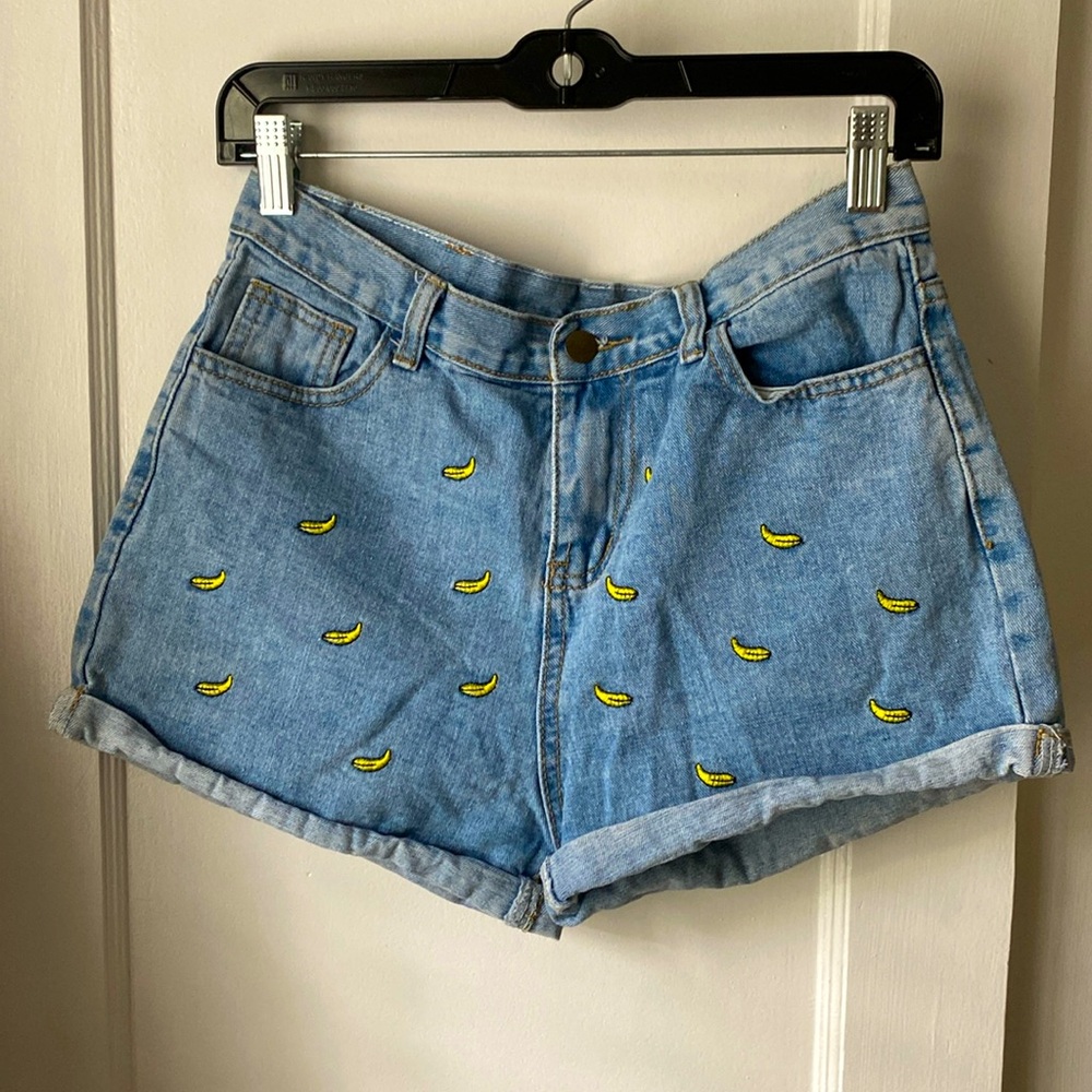 QZL Jeans Banana Embroidered High Waisted Jean Shorts